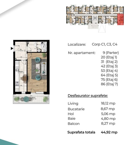 Garsoniera, 3-4 min metrou, decomandata, 45 mp